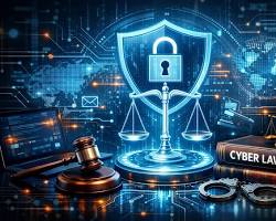 A digital representation of justice and cyber security icons on a dark background.