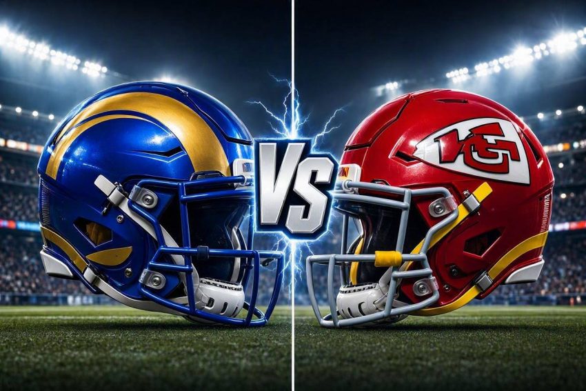 Los Angeles Rams vs. Kansas City Chiefs NFL match preview with team helmets